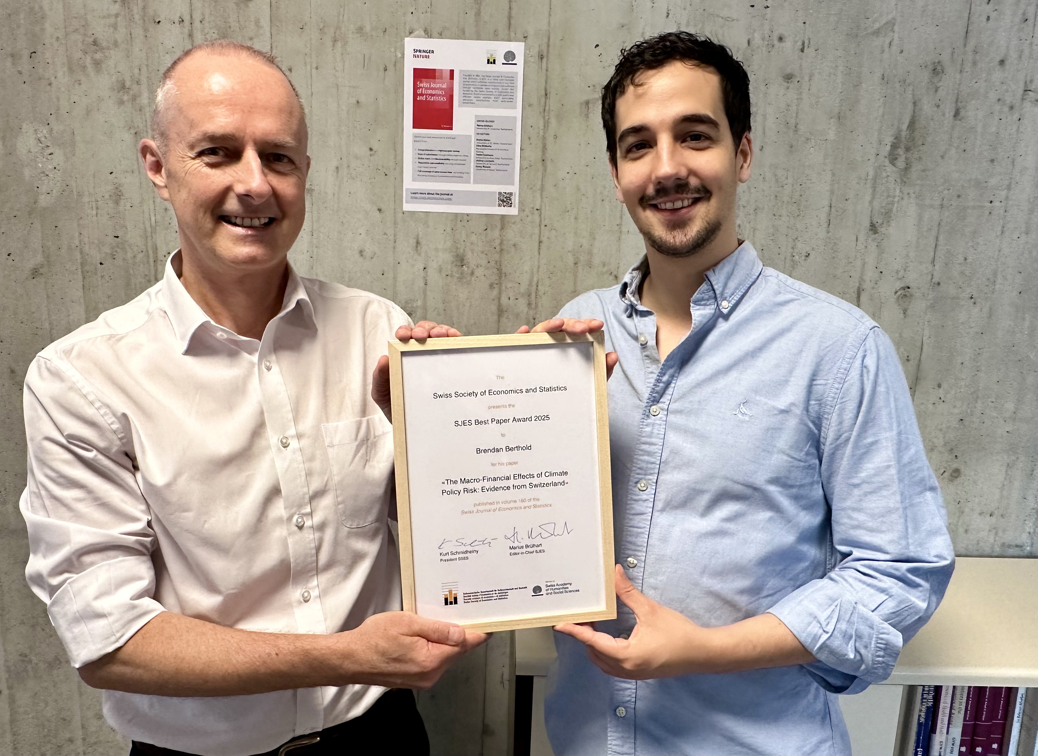 SJES Best Paper Award 2025, Marius Brülhart (editor-in-chief) and Brendan Berthold
